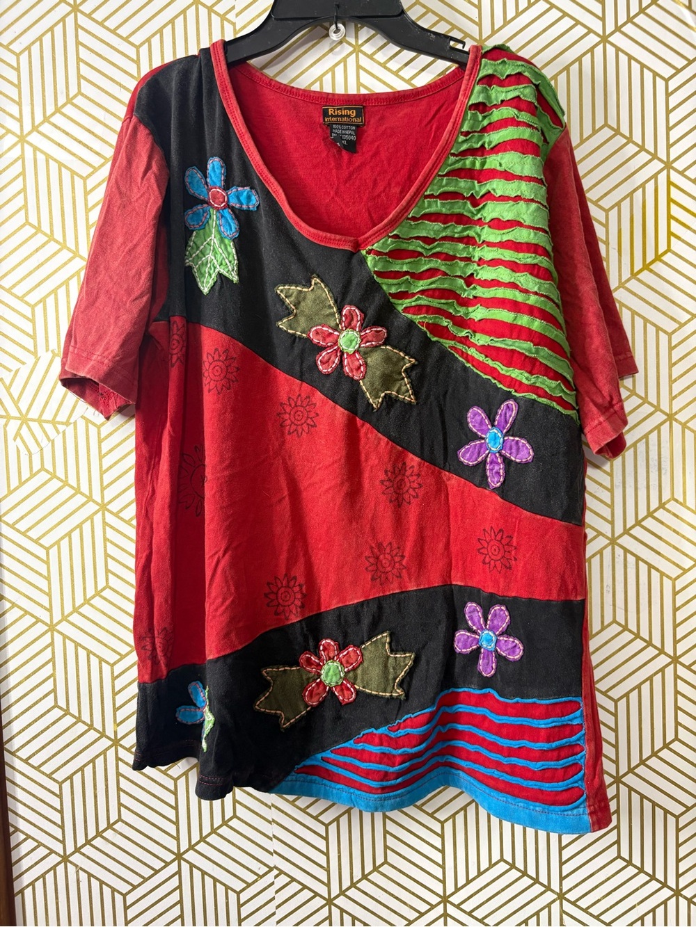 Rising International Red Patchwork Floral Short Sleeve Top 1XL